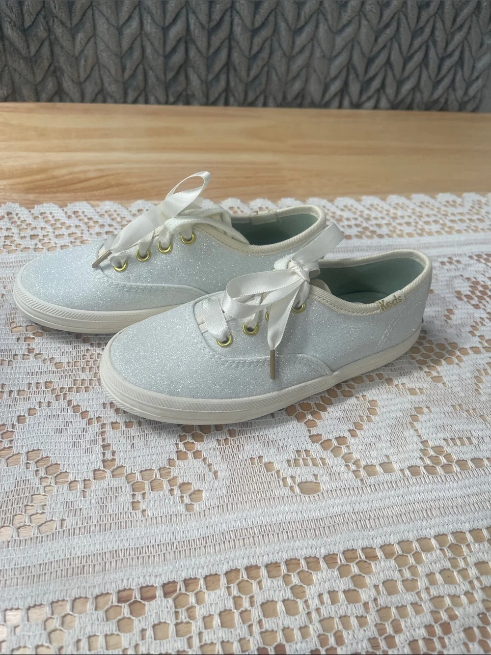 kate spade Kids' Glitter Ribbon Lace Sneakers in Cream